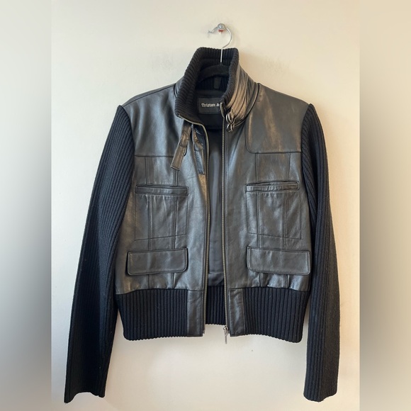 Tristan & Iseut Leather Jacket With Knit Ribbed Sleeves - Picture 13 of 15